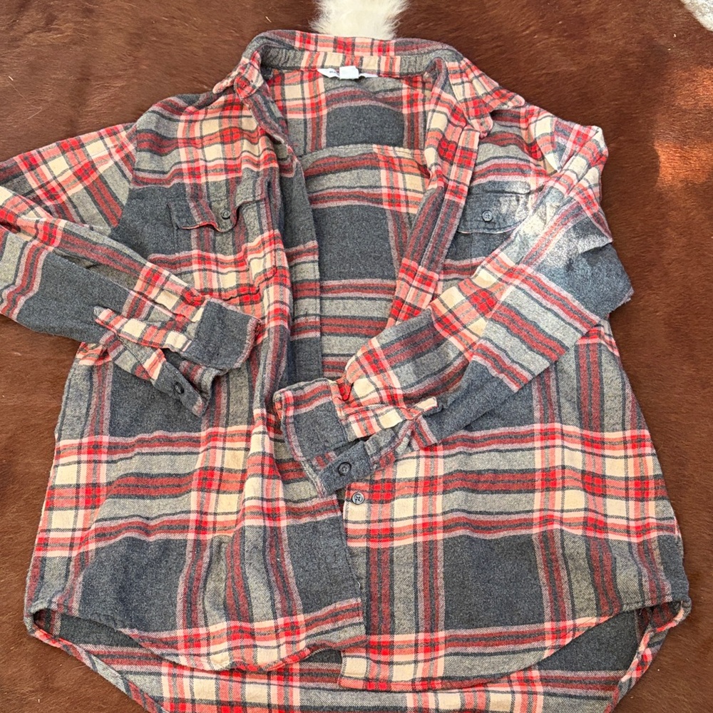 Old Navy Red and Gray Plaid Boyfriend Shirt